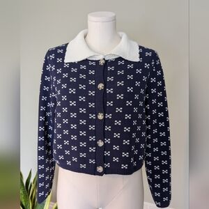 Soho & Stella Women’s Cropped Knit Cardigan Blue White Collar Nautical Size M
